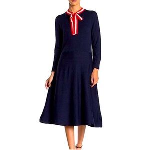 JCrew navy sweater dress with red white bow. Size S